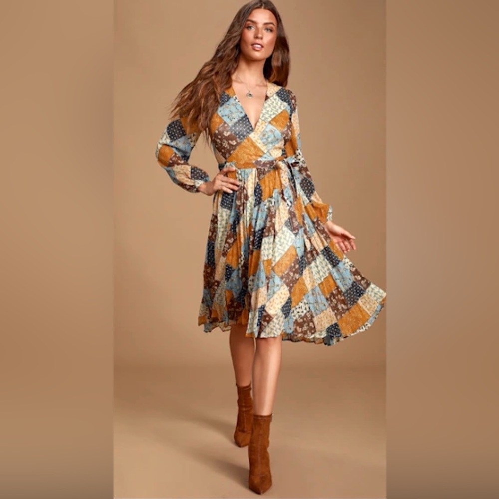 Moon River Patchwork Midi Dress - Blue, Brown, Orange